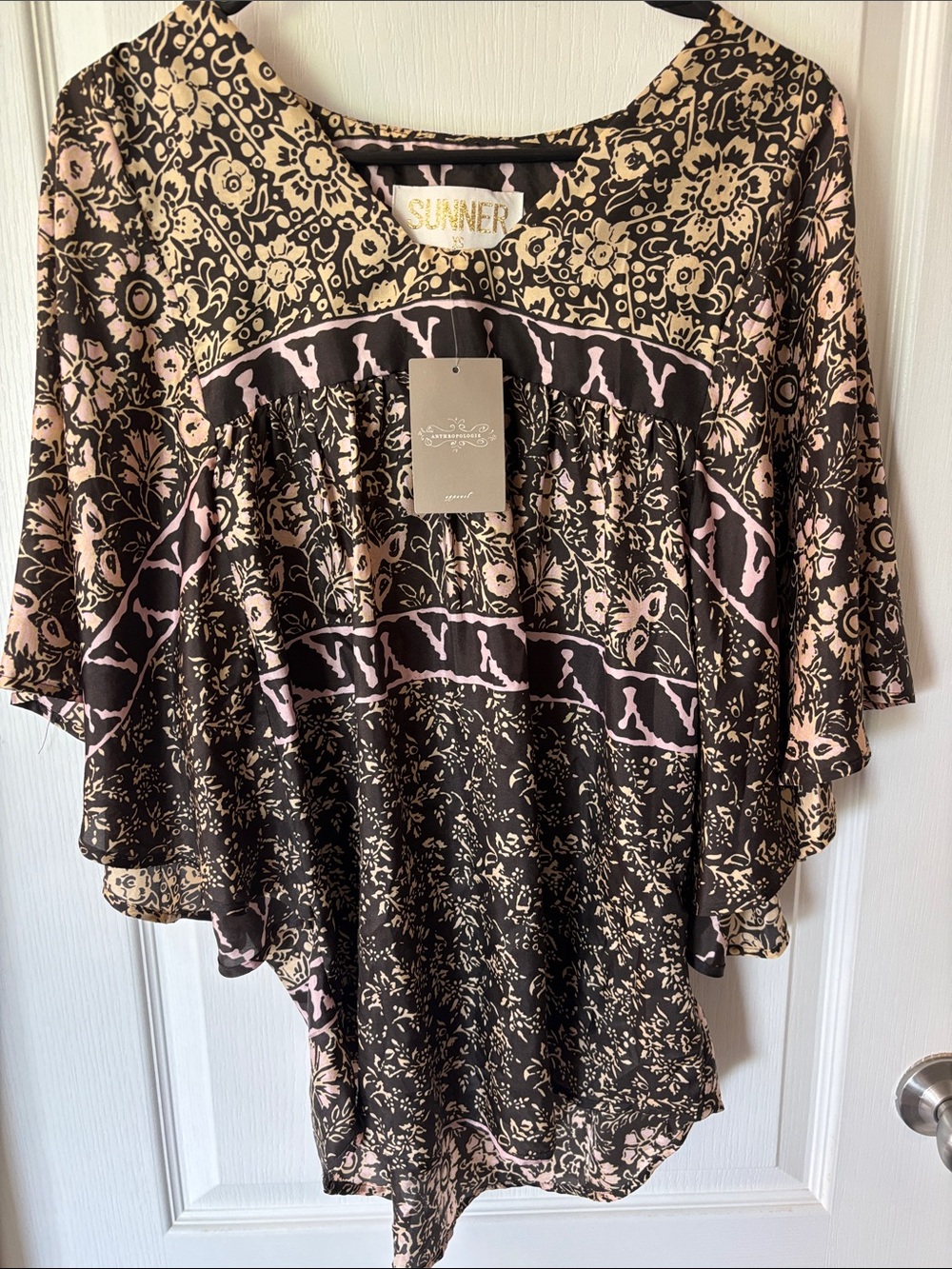 Anthropologie Black and Blush Floral Boho Flutter Tunic 100% Silk